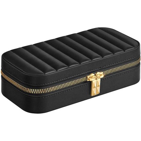 Boîte à bijoux de voyage portable 10,5 x 20,5 x 6 cm avec miroir finition élégante en PU noir (1/2)