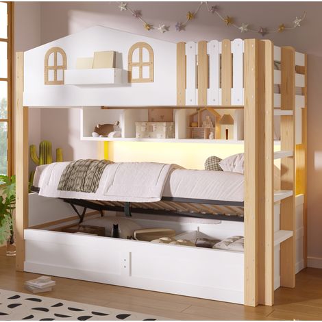 Litera cabaña 90x200 con almacenaje LED blanco y madera (1/5)