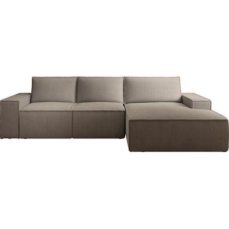 Grand canapé d'angle droit convertible en velours côtelé taupe AMELIA (1/4)