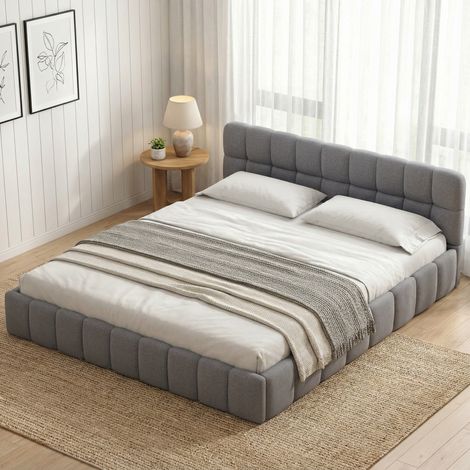 Letto per adulti 160x200, letto matrimoniale con schienale morbido, letto basso con bordo imbottito, tessuto di lino, rete a doghe inclusa(160x200cm, Grigio)