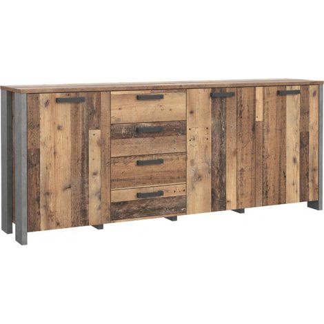 Buffet 206 cm 3 portes 4 tiroirs décor bois vieilli et béton - BUCK (1/5)