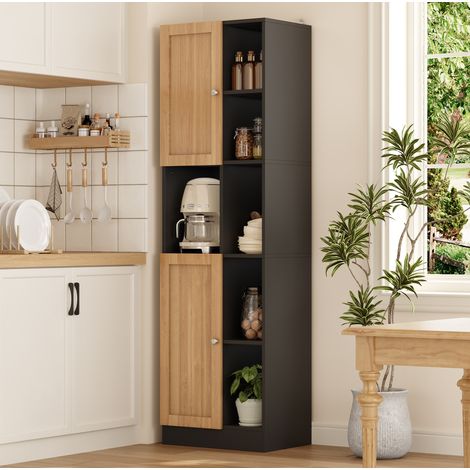 MODFU – Armario esquinero 50x35,5x170 cm de MDF/aglomerado con 6 estantes abiertos, 2 puertas, baldas regulables y carga 60 kg – Negro/natural (1/5)