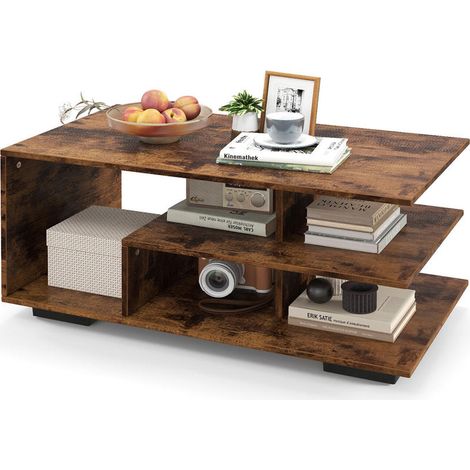 Design géométrique Table basse rectangulaire 3 niveaux avec étagère centrale en L, rangement pour salon (1/5)