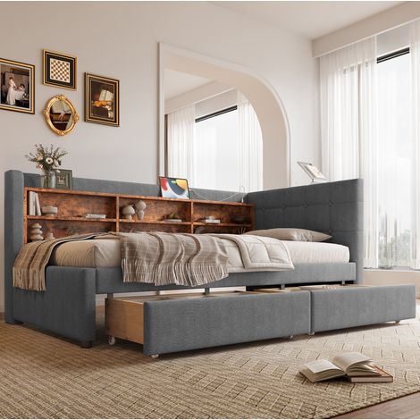 Letto da giorno 90x200 cm in lino grigio con testiera, 2 cassetti, ripiani, USB e Type-C, rete a doghe (1/5)