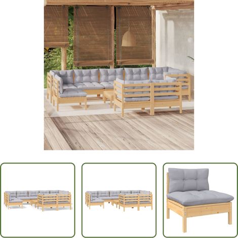 Terrassensofa - 10-tlg. Garten-Lounge-Set mit Grauen Kissen Kiefer Massivholz (1/5)