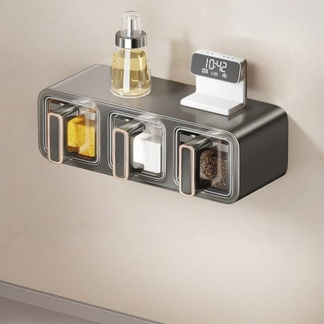 Küchengewürzbox, Set mit 3 Gewürzdosen, wandmontiert, ohne Bohren, zum Aufbewahren von Salz und anderen Gewürzen – 26,5×13,3×9,6 cm
