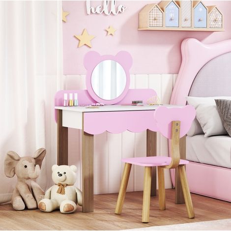 Tocador infantil (68x35x86 cm), con espejo de acrílico, cajón amplio, diseño de oso, madera, rosa (1/5)
