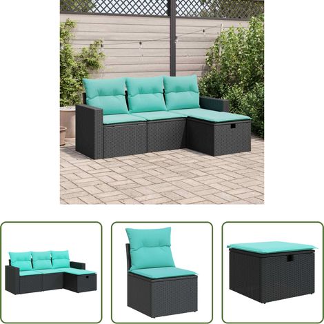Canapé extérieur - Salon de jardin 4 pcs avec coussins noir résine tressée (1/5)