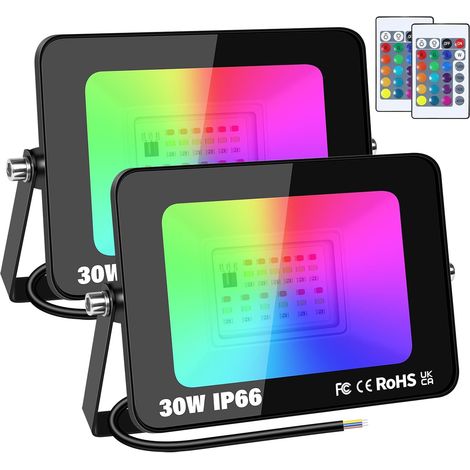 2 pack 30W RGB projecteur led extérieurs avec IR télécommande  sans prise, 16 couleurs 4 modes, RGBW, lumière de projecteur, neon spot led, pour jadin terrasse patio décorations, étanche (1/5)