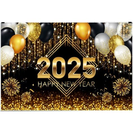 Fondo de Feliz Año Nuevo 2025, decoraciones de fiesta con globos dorados y blancos, pancarta negra y dorada (1/4)