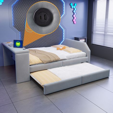 Lit gigogne enfant 140x200 cm velours gris, bureau USB, gain de place, sans matelas – MEUBLIV (1/5)