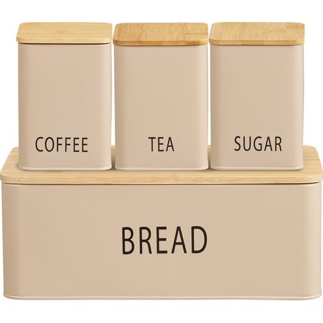 Set cucina Tula: panettiera e 3 contenitori in metallo beige e bambù