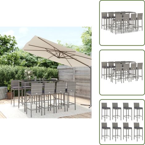 Ensemble de bar de jardin 9 pcs avec coussins gris poly rotin - Ensemble Salon De Jardin - Mobilier De Jardin - Set De Bar Extérieur - Table Et Chaises De Jardin - Chaise Haute De Jardin (1/5)