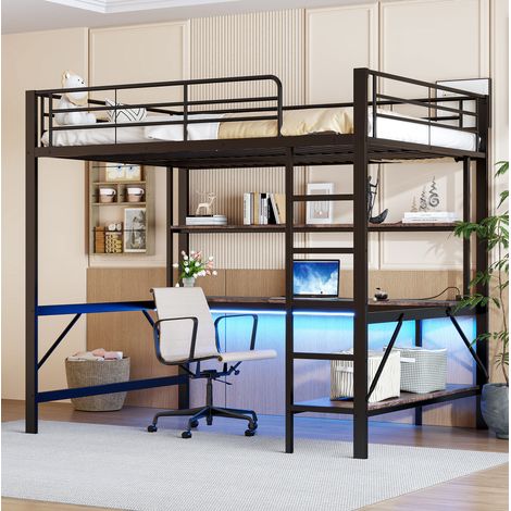 lit adulte bureau rangement LED USB 140x200 métal noir OKMYHOME (1/5)