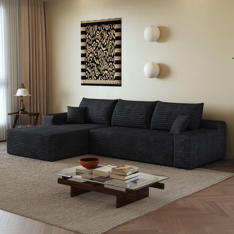 DESMIU Canapé d'angle modulaire avec chaise longue, mousse haute élasticité, tissu côtelé rayé, Noir (1/5)
