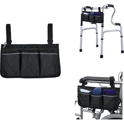 Sac de rangement universel noir pour accoudoir de fauteuil roulant, avec 4 compartiments et bande réfléchissante (1/5)