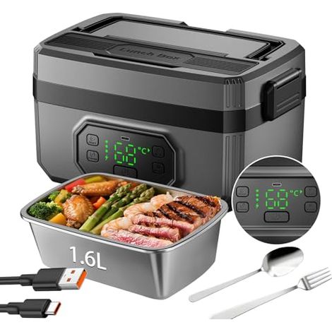 Boîte à lunch chauffante sans fil, batterie auto-chauffante de 24 000 mAh, 1,6 L, portable, pour adultes, idéale pour le travail et les voyages (noire)