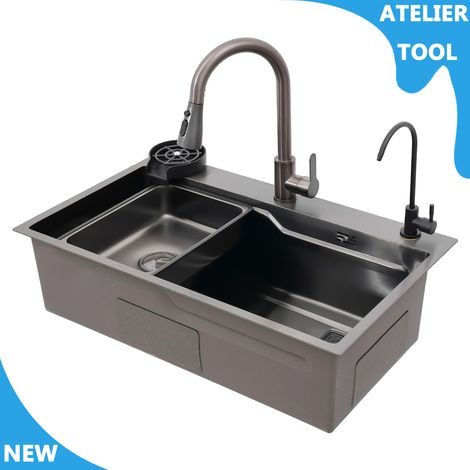 ATELIER Ensemble d'évier multifonction 304 évier de cuisine en acier inoxydable avec robinet extrait et tuyaux d'entrée (1/5)