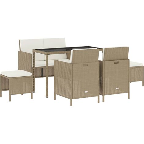 Vidaxl – Ensemble table et chaises de jardin 6 places – Résine tressée beige – Table en verre trempé – Coussins épais 5cm en polyester (1/6)
