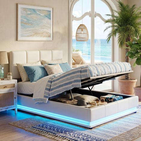 Lit Coffre Double 140x190 cm Blanc, Lit capitonn avec Éclairage LED intégré, relevable hydraulique, Lit avec sommier à lattes - Design Moderne (1/5)