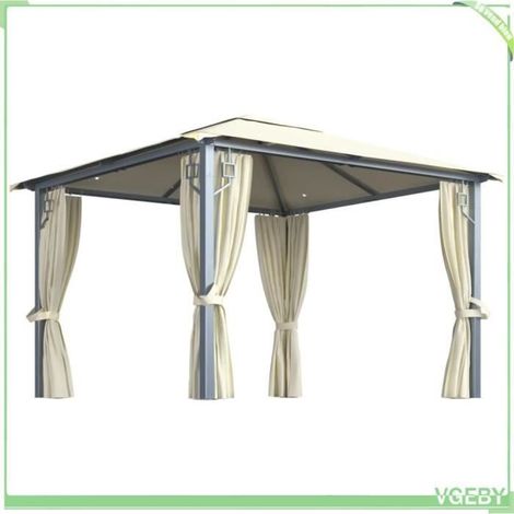 Tonnelle - V GEBY - 3x3 m - Aluminium - Rideaux et lumières LED - Énergie solaire (1/4)
