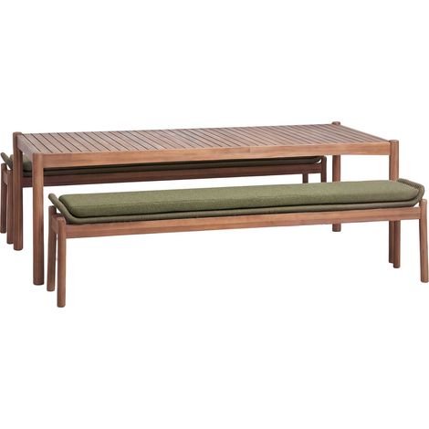 Set de table rectangulaire 180x90 cm et 2 bancs de salle à manger en bois d'acacia et corde tressée Karvia SKLUM