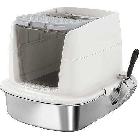 Bac à litière pour chat, en acier inoxydable, 22 x 16 x 10 pouces, design anti-rayures, fonction d'isolement des odeurs, bac intérieur détachable (1/5)