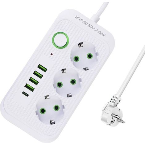 Dreifach-Steckdosenleiste mit 2 m Kabel, 2500 W und Schalter, 10 A USB-Steckdosenleiste mit 3 Netzanschlüssen, 4 USB-Anschlüssen und 1 USB-C-Anschluss, weiß (1/4)