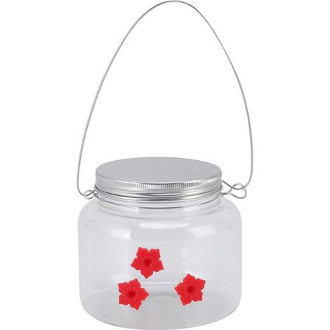Mangeoire suspendue pour oiseaux 475 ml, motif unique de fleurs rouges, 3 ouvertures pour nourrir les oiseaux, large ouverture, remplissage facile. (1/5)