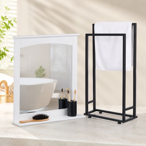 Set di mensole da bagno in MDF (2 pezzi) - Specchio da parete con cornice e mensola e portasciugamani a 2 aste autoportante (1/5)