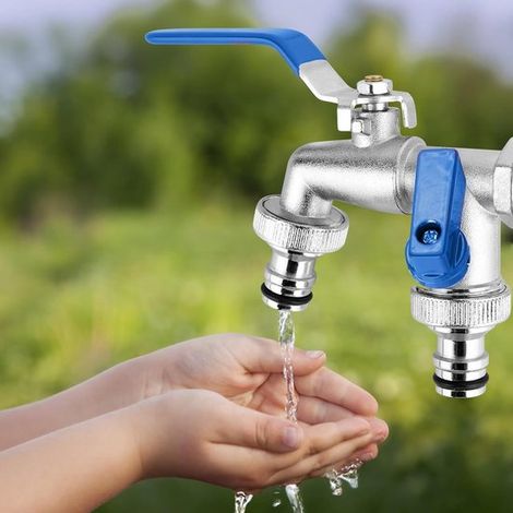 Grifo doble para jardín: caños de 1/2" y 3/4", incluye 2 conectores de manguera gratuitos. (1/5)