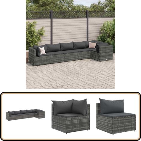 Salon de jardin 6 pcs avec coussins Gris Résine tressée - Ensemble Salon De Jardin - Salon De Jardin Extérieur - Meuble De Jardin - Canapé D'angle - Canapé Extérieur