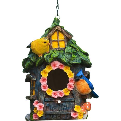 Casita para pájaros colgante decorativa, linda jaula de resina para exteriores, figura de casita para pájaros colgante para cacatúas, guacamayos, periquitos y pinzones. (1/5)