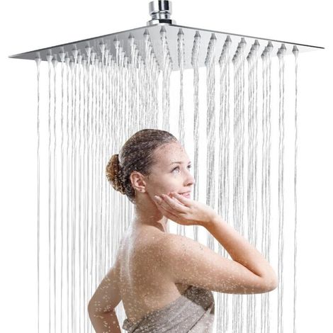 Tete de Douche Inox - Douche Economie d'Eau, Pommeau de Douche Carré 25CM, Tete de Douche Pluie Universelle Filetage 1/2 Pouce, Rotatif 360°, Inclinable 30°, Facile à Installer et à Nettoyer