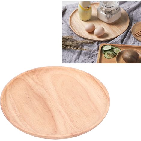 Assiette ronde en bois d'hévéa, plateau de service à thé, plateau à fruits, plateau de rangement alimentaire, 24 cm (1/5)