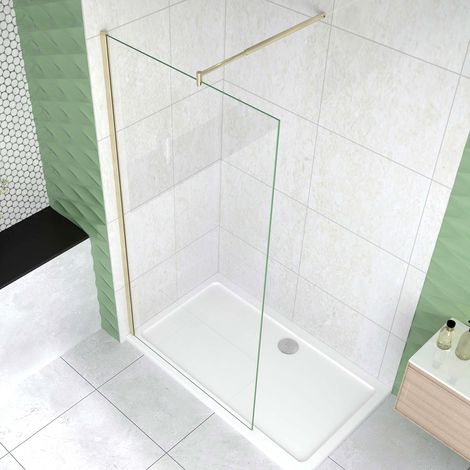 Box Doccia Walk In 90x200 cm Parete Fissa Vetro 10 mm Trasparente Anticalcare Oro Spazzolato Barra Stabilizzatrice 70-120 cm