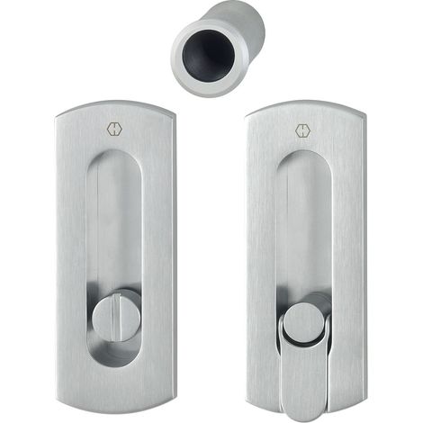 Hoppe Schiebetür Griff Set - 2x Muschelgriff eckig + 1x Stiernziehgriff WC, Messing verchromt satiniert (1/4)