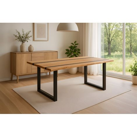 Esstisch 160 x 85 cm Akazie massiv natur mit schwarzen Resin-Adern U-Gestell schwarz PETER (1/5)