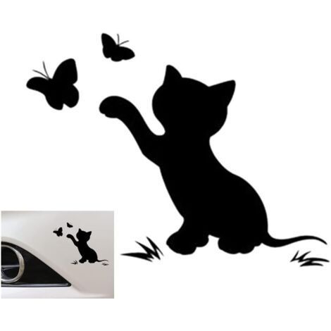 Autocollant pour voiture - Motif chat et papillon - Mignon - Décoration de voiture - Noir (1/5)