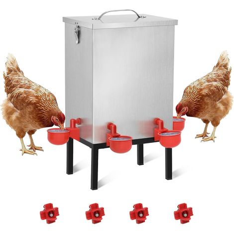 Abreuvoir pour Poulets de 11 L, Distributeur Automatique en Acier Inoxydable avec 4 Godets, loquet et Support inférieur (1/5)