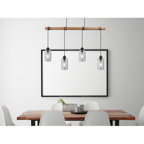 LED Holzbalken Pendelleuchte mit 4 Rauchglas Lampenschirmen, Breite 98cm (1/5)