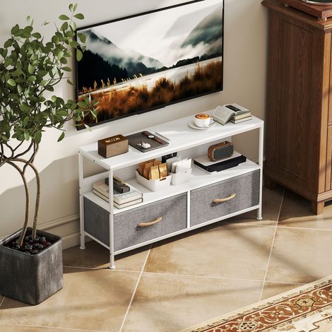Mueble de TV con Estante y 2 Cajones de Tela Plegables para Televisores hasta 47 Pulgadas Largo de 98 cm Blanco y Gris (1/5)