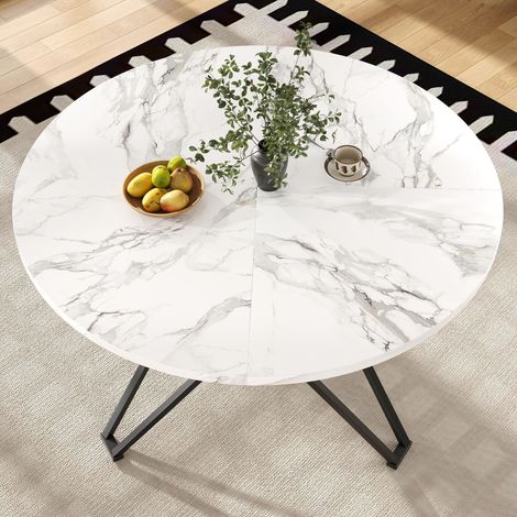 DESMIU Table de salle à manger ronde avec pieds réglables, plateau en MDF effet marbre, base en métal noir, 100 × 100 × 76 cm (1/5)