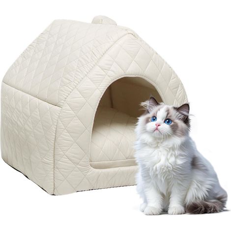 Casita para gatos - 40 x 40 x 40 cm - Casita de interior con cojín extraíble - Diseño plegable 2 en 1 - Cama para gatos domésticos - Lavable - Para mascotas pequeñas y medianas - Color crema