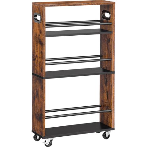 Chariot de Rangement, Desserte de à 4 Niveaux avec Poignée, Desserte Cuisine roulettes avec Freins, avec Bords Rehaussés, Fin, pour Cuisine, Salle de Bain, Marron Rustique, Noir (1/5)