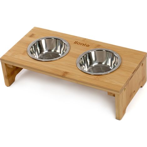 lionto Katzennapfständer, erhöhte Futterstation aus Bambus mit 2 Edelstahlnäpfen, ergonomisch & rutschfest, 40x20x10 cm