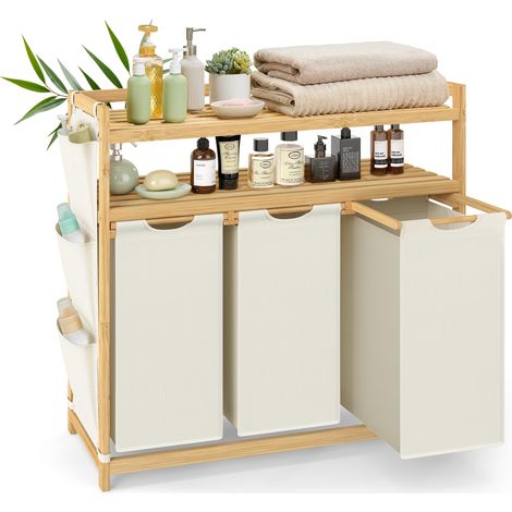 Panier à Linge, avec 3 Compartiments, Corbeille à Linge Sale, en Bambou, Capacité de 150 Litres, avec Étagère, Poches Latérales, 3 x 50 L, 94 x 33 x 98 cm, Blanc Crème RLH215W01 (1/5)
