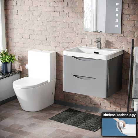 Merton Modern Grey Basin Wall Hung Vanity Cabinet and Rimless Close Coupled Toilet (1/5)