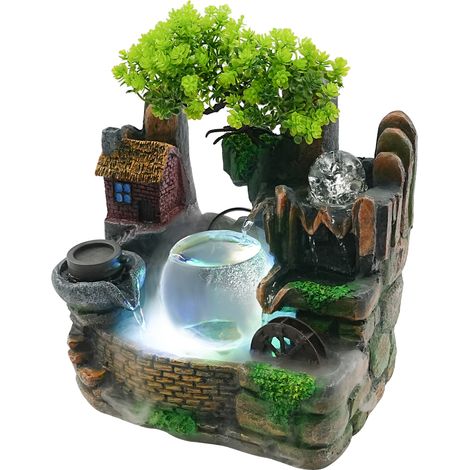 Fontaine d’Intérieur en résine – Simulation cascade décorative avec éclairage LED – Effet d'atomisation réaliste – 30 x 36 cm – Fontaine de table Zen relaxante – Pour salon, chambre et bureau (1/5)