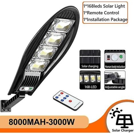 0 – Lampe solaire extérieure étanche 8000mAh – 3000W – 168 LEDs – Détection PIR 360° – Modes d'éclairage réglables – Installation facile (1/5)